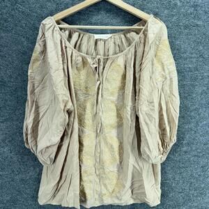 Solitaire Blouse Women M Medium Beige Embroidered 3/4 Sleeve Tasseled Casual